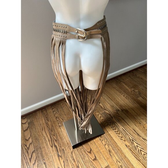 STREETS AHEAD Fringe Studded Long Leather Belt Festival Beige Silver Size Small - Picture 11 of 11